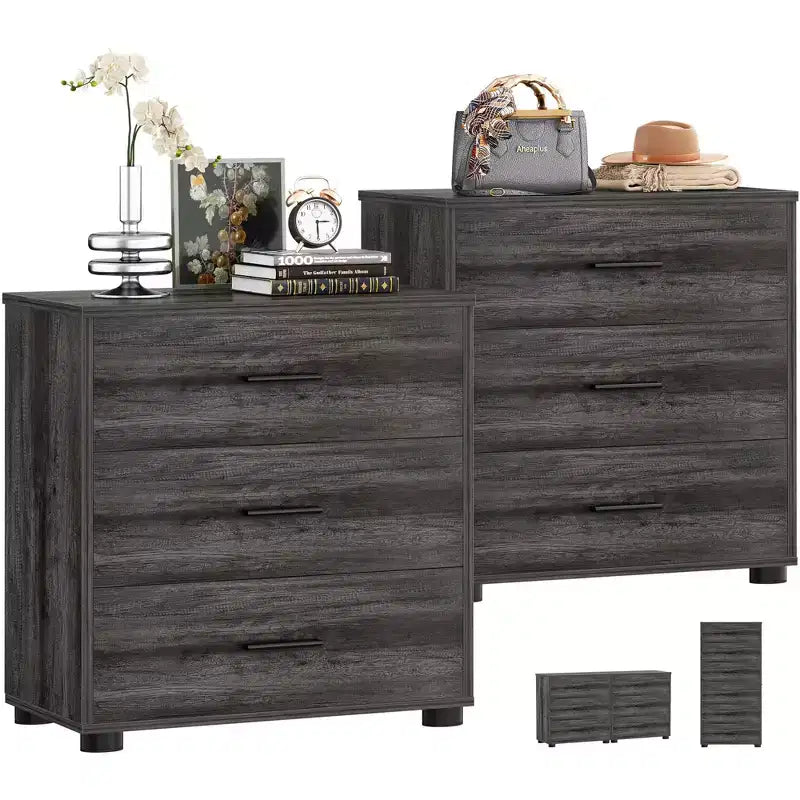 Besiost Set of 2 Wooden Storage Dressers with 3 Drawers, Closet Storage Cabinet and Nightstand