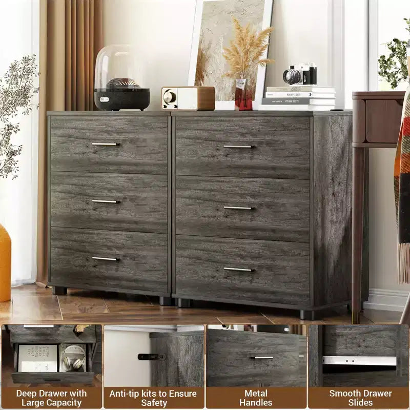 Besiost Set of 2 Wooden Storage Dressers with 3 Drawers, Closet Storage Cabinet and Nightstand