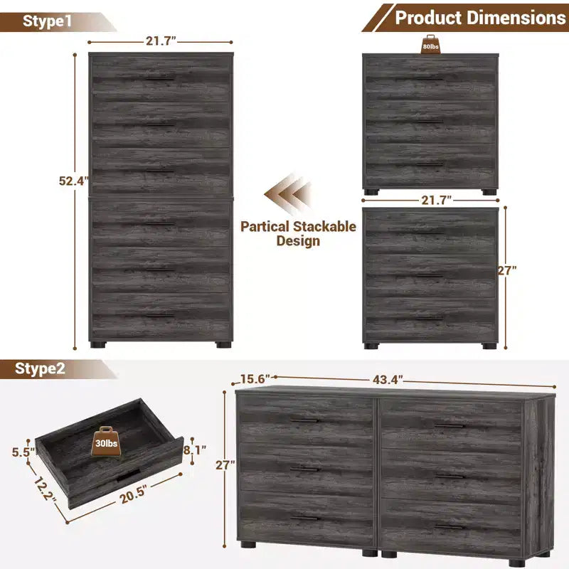 Besiost Set of 2 Wooden Storage Dressers with 3 Drawers, Closet Storage Cabinet and Nightstand