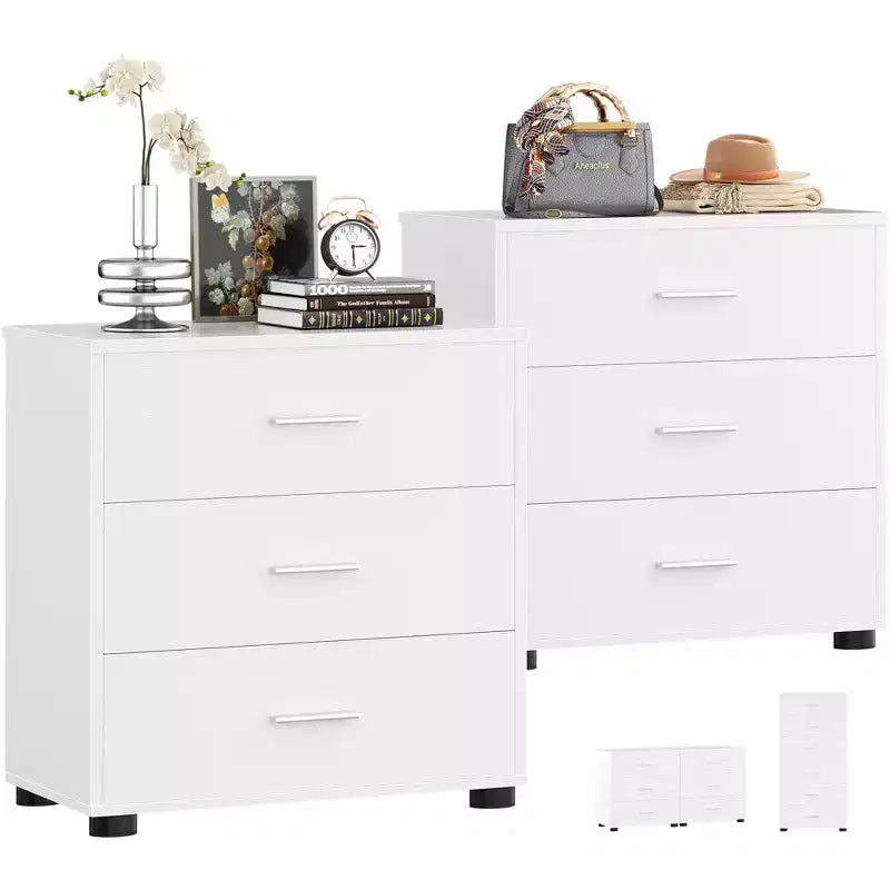 Besiost Set of 2 Wooden Storage Dressers with 3 Drawers, Closet Storage Cabinet and Nightstand