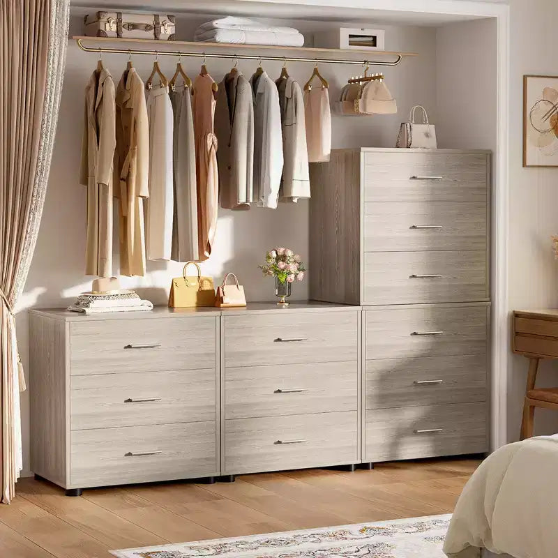 Besiost Set of 2 Wooden Storage Dressers with 3 Drawers, Closet Storage Cabinet and Nightstand