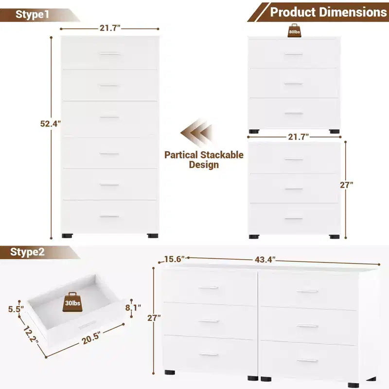 Besiost Set of 2 Wooden Storage Dressers with 3 Drawers, Closet Storage Cabinet and Nightstand