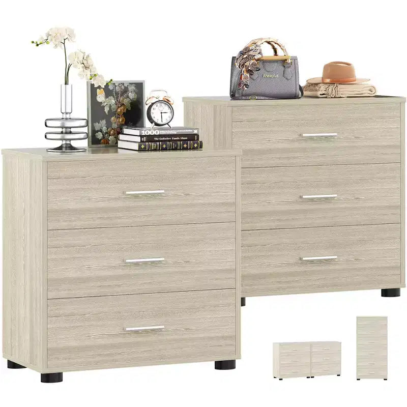 Besiost Set of 2 Wooden Storage Dressers with 3 Drawers, Closet Storage Cabinet and Nightstand