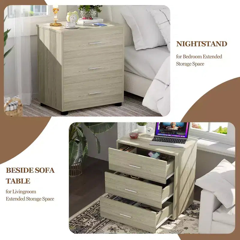 Besiost Set of 2 Wooden Storage Dressers with 3 Drawers, Closet Storage Cabinet and Nightstand