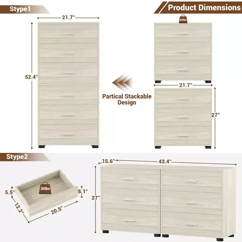 Besiost Set of 2 Wooden Storage Dressers with 3 Drawers, Closet Storage Cabinet and Nightstand