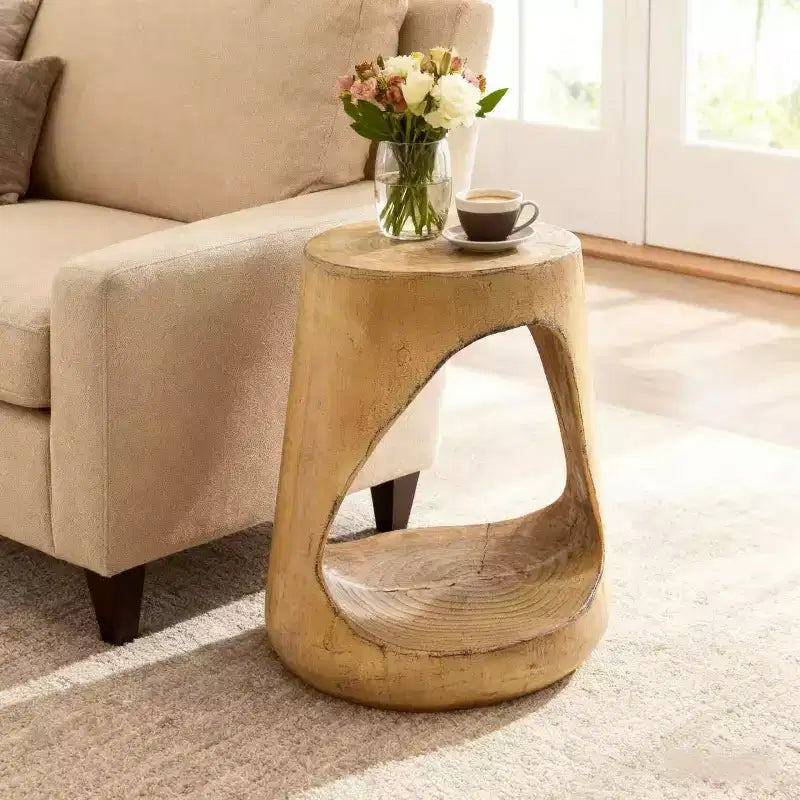 Homy Casa Natural Solid Wood End Table with Open Shelf, Rustic Oak