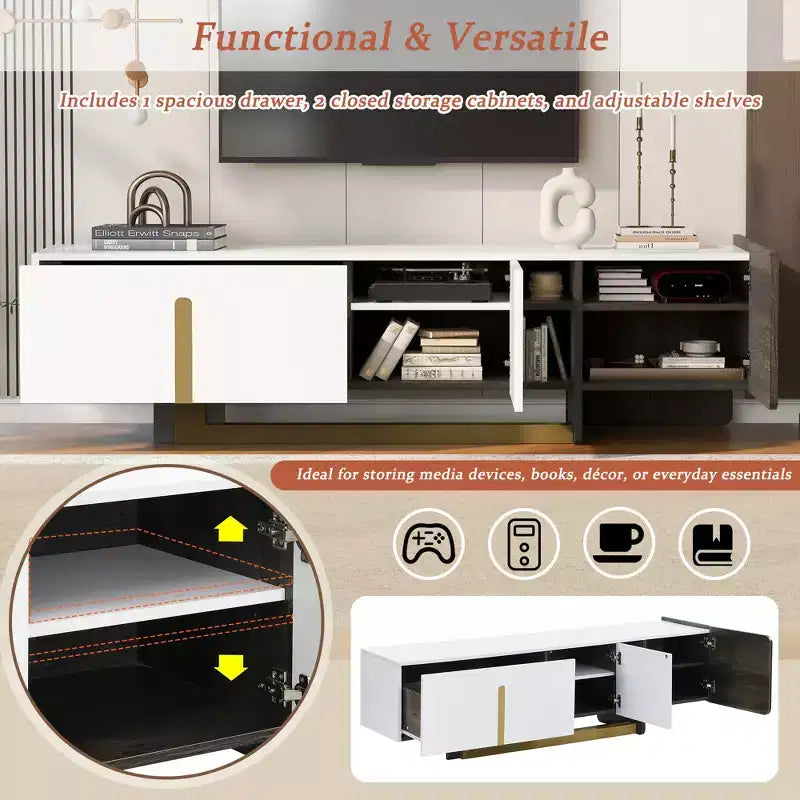 Bestier 66.7 Inch Light Luxury TV Stand for TVs up to 70 Inches, Modern TV Cabinet with Metal Legs, 1 Drawer, 2 Cabinets for Living room