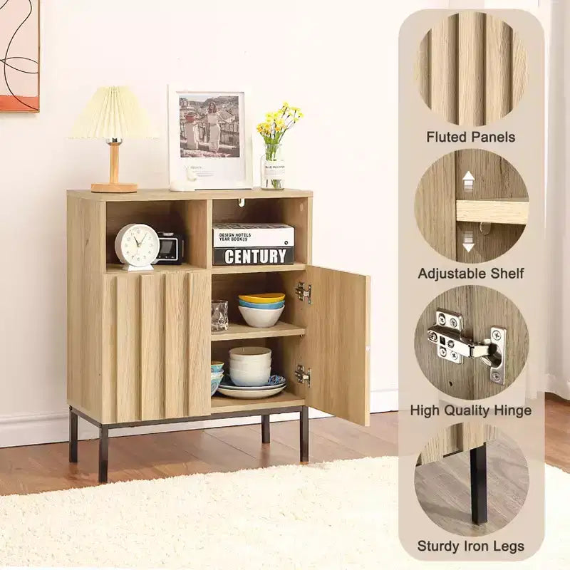 COZONY 28.7 H Industrial Buffet Cabinet, Modern Sideboard with Fluted Panel Door & Metal Legs for Living Room Dining Room