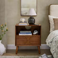 MAYEERTY Mid Century Modern Fluted Nightstands with Charging Station Solid Wood Legs with Open Space and Drawer Dresser Walnut for Bedroom