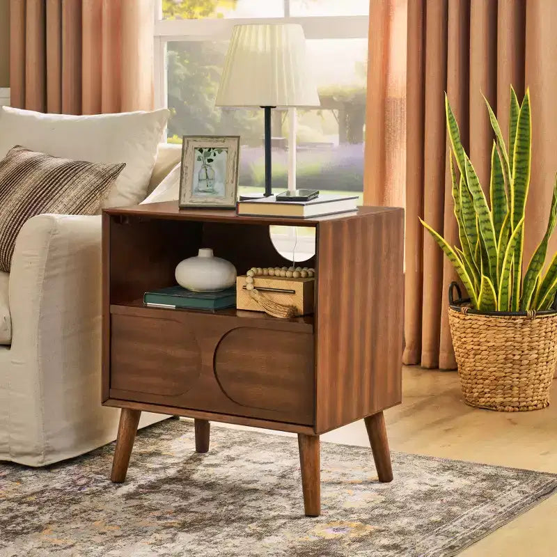 MAYEERTY Mid Century Modern Fluted Nightstands with Charging Station Solid Wood Legs with Open Space and Drawer Dresser Walnut for Bedroom