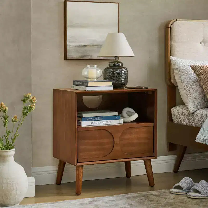 MAYEERTY Mid Century Modern Fluted Nightstands with Charging Station Solid Wood Legs with Open Space and Drawer Dresser Walnut for Bedroom