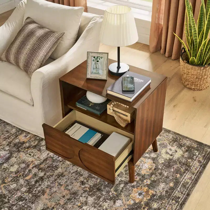 MAYEERTY Mid Century Modern Fluted Nightstands with Charging Station Solid Wood Legs with Open Space and Drawer Dresser Walnut for Bedroom