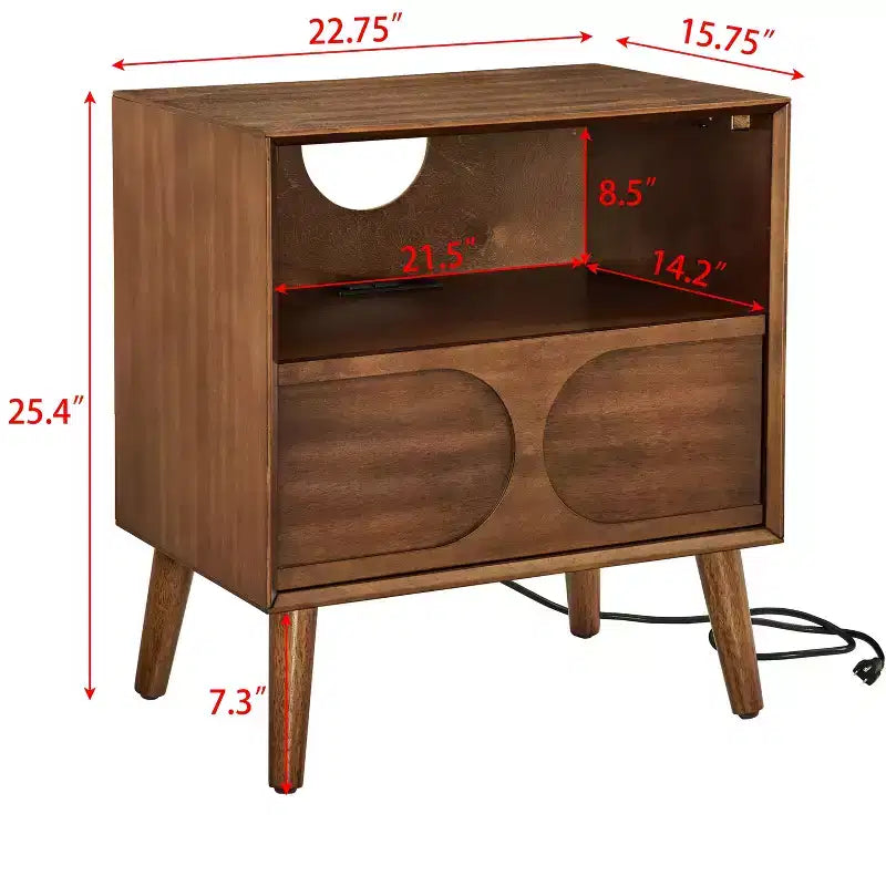 MAYEERTY Mid Century Modern Fluted Nightstands with Charging Station Solid Wood Legs with Open Space and Drawer Dresser Walnut for Bedroom