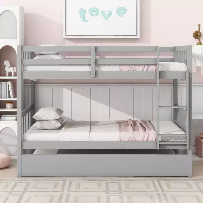 Twin Over Twin Bunk Bed with Trundle & Safety Guardrails, Convertible to 2 Bed - ModernLuxe