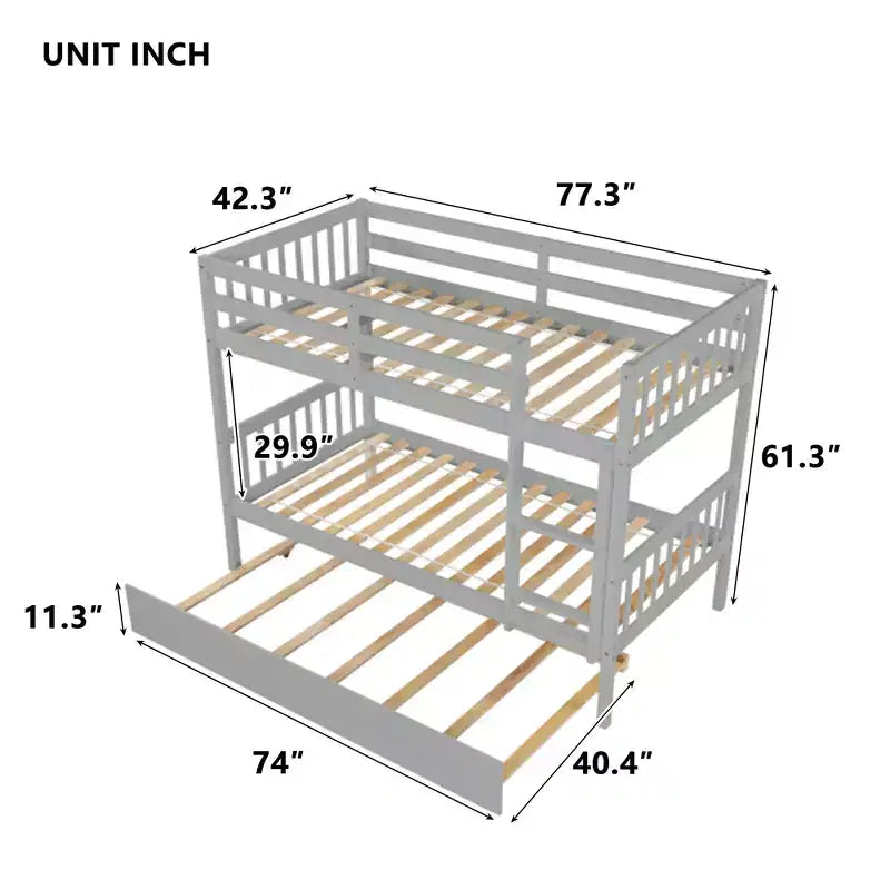 Twin Over Twin Bunk Bed with Trundle & Safety Guardrails, Convertible to 2 Bed - ModernLuxe