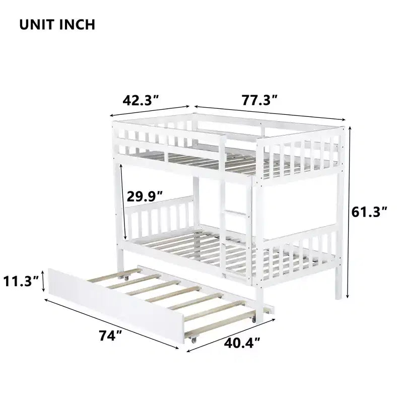 Twin Over Twin Bunk Bed with Trundle & Safety Guardrails, Convertible to 2 Bed - ModernLuxe
