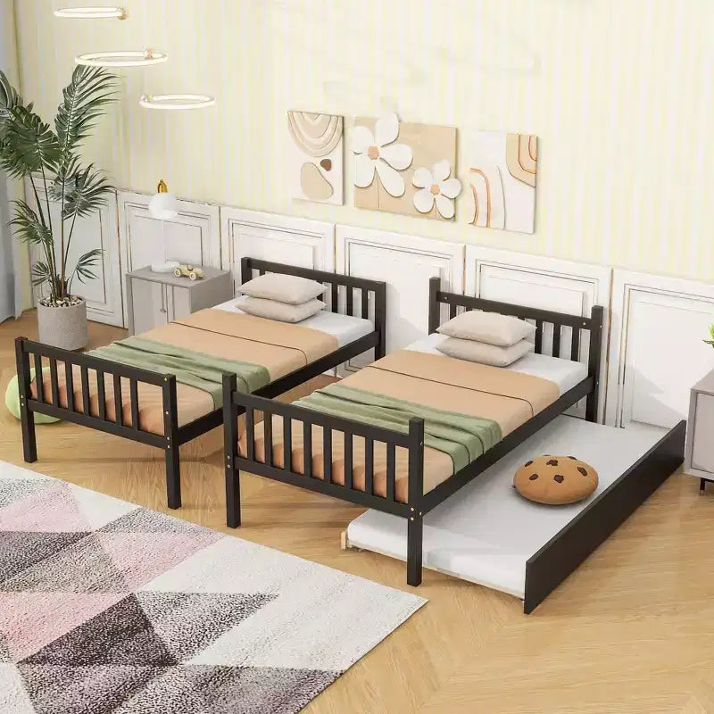 Twin Over Twin Bunk Bed with Trundle & Safety Guardrails, Convertible to 2 Bed - ModernLuxe