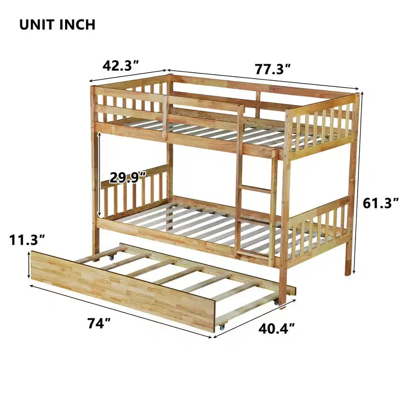 Twin Over Twin Bunk Bed with Trundle & Safety Guardrails, Convertible to 2 Bed - ModernLuxe