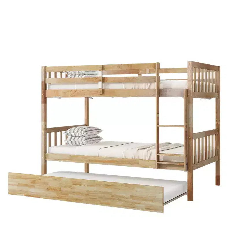 Twin Over Twin Bunk Bed with Trundle & Safety Guardrails, Convertible to 2 Bed - ModernLuxe
