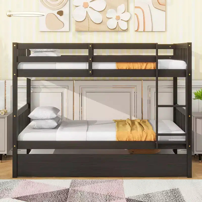 Twin Over Twin Bunk Bed with Trundle & Safety Guardrails, Convertible to 2 Bed - ModernLuxe