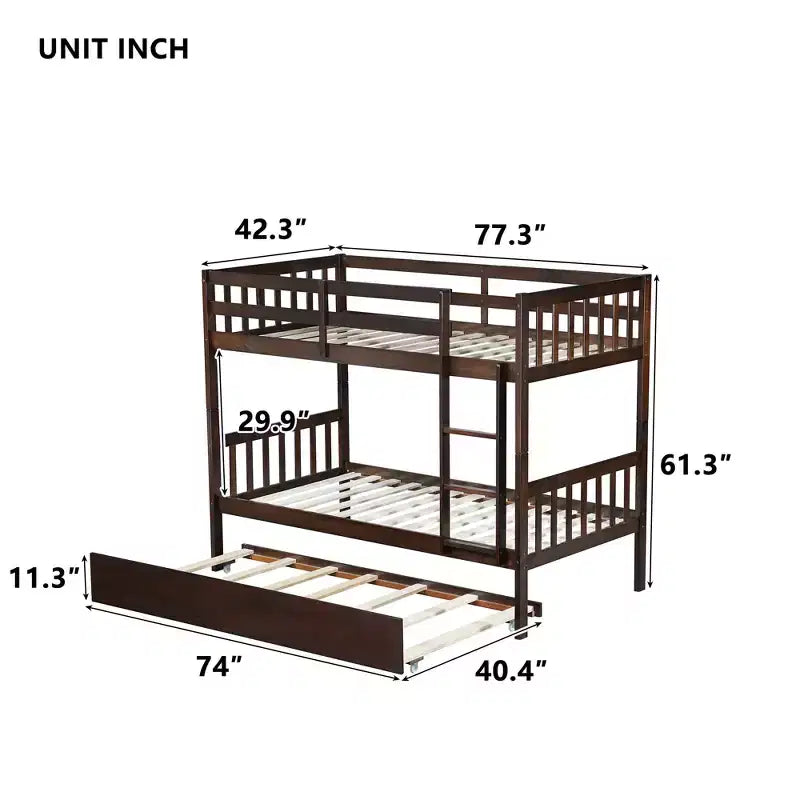 Twin Over Twin Bunk Bed with Trundle & Safety Guardrails, Convertible to 2 Bed - ModernLuxe