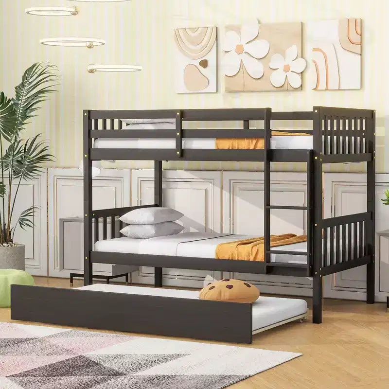 Twin Over Twin Bunk Bed with Trundle & Safety Guardrails, Convertible to 2 Bed - ModernLuxe