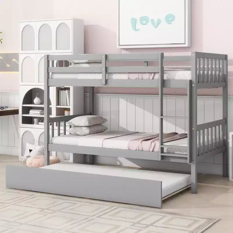 Twin Over Twin Bunk Bed with Trundle & Safety Guardrails, Convertible to 2 Bed - ModernLuxe