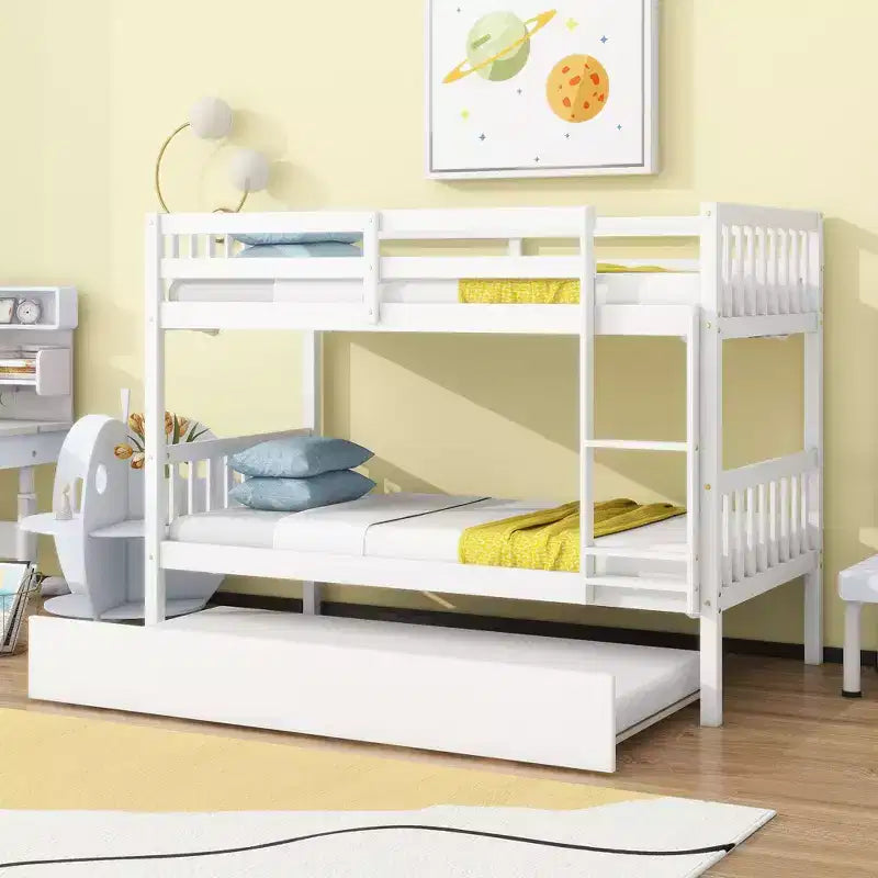 Twin Over Twin Bunk Bed with Trundle & Safety Guardrails, Convertible to 2 Bed - ModernLuxe