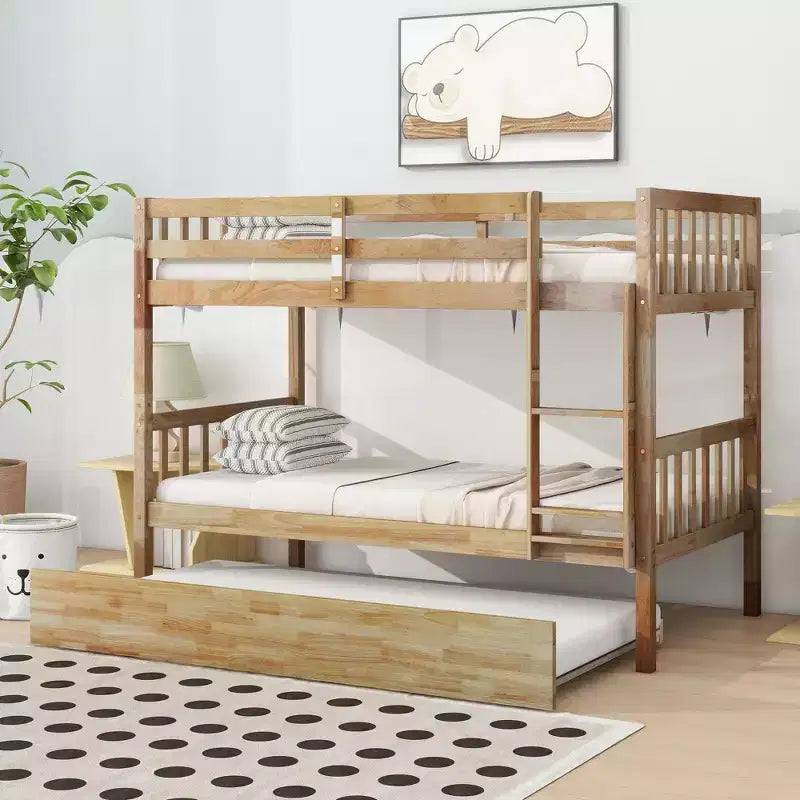 Twin Over Twin Bunk Bed with Trundle & Safety Guardrails, Convertible to 2 Bed - ModernLuxe
