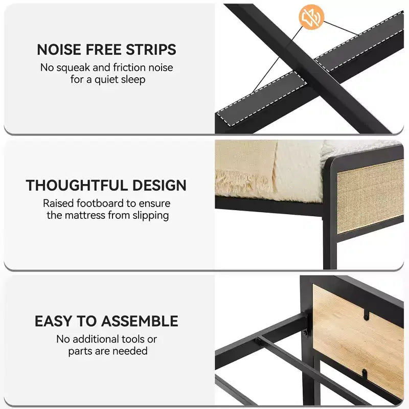 oho Style Bed Frame with Rattan Headboard, Platform Bed Frame with Strong Metal Slat Support,No Box Spring Needed,Black & Oak