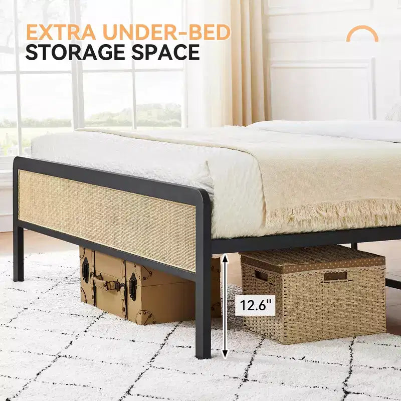 oho Style Bed Frame with Rattan Headboard, Platform Bed Frame with Strong Metal Slat Support,No Box Spring Needed,Black & Oak