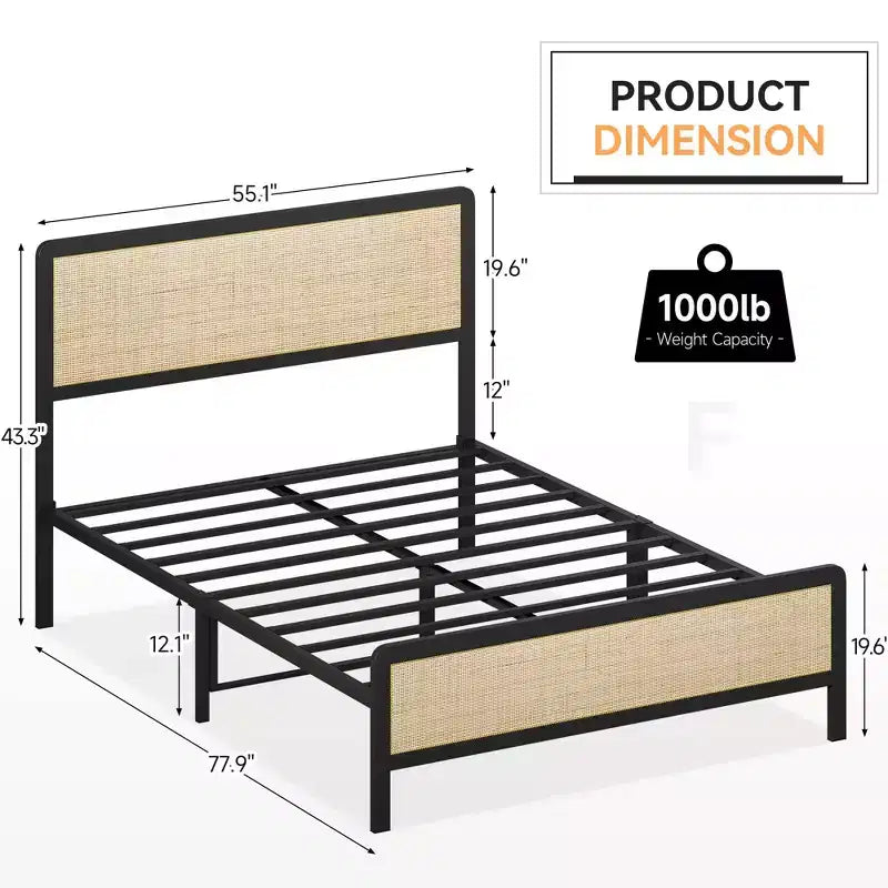 oho Style Bed Frame with Rattan Headboard, Platform Bed Frame with Strong Metal Slat Support,No Box Spring Needed,Black & Oak