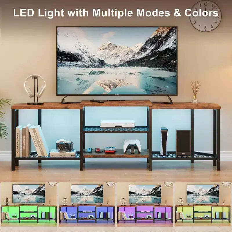 TV cabinet with four open shelving units, corner entertainment centre with power sockets, media cabinet with LED lighting for the living room