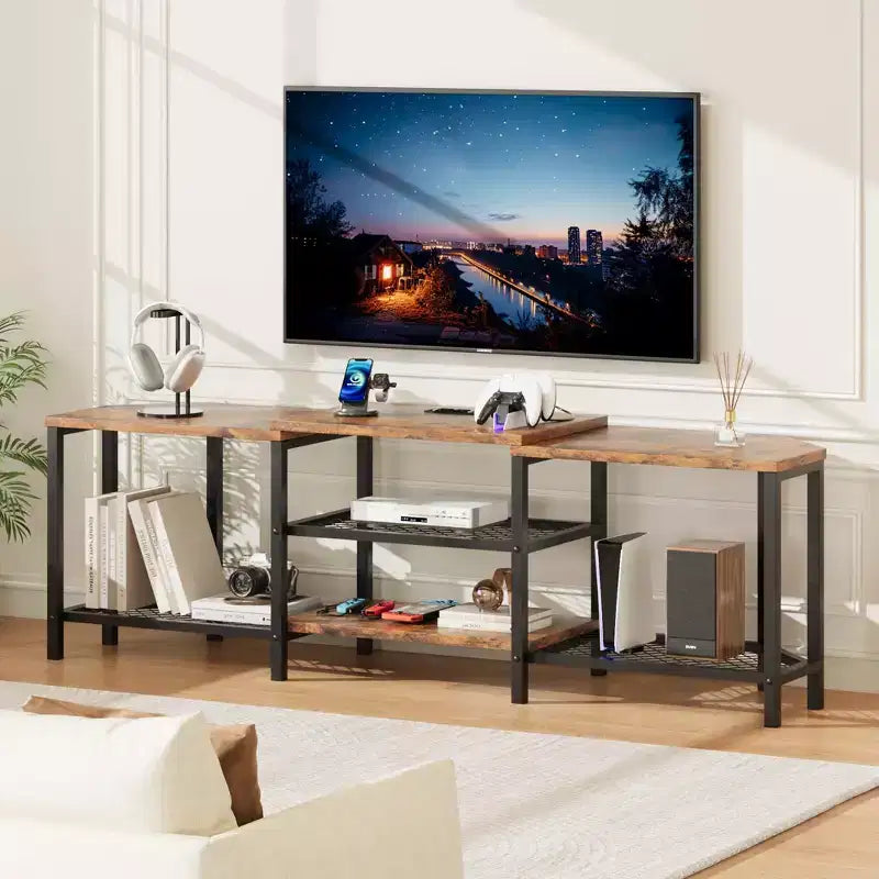 TV cabinet with four open shelving units, corner entertainment centre with power sockets, media cabinet with LED lighting for the living room