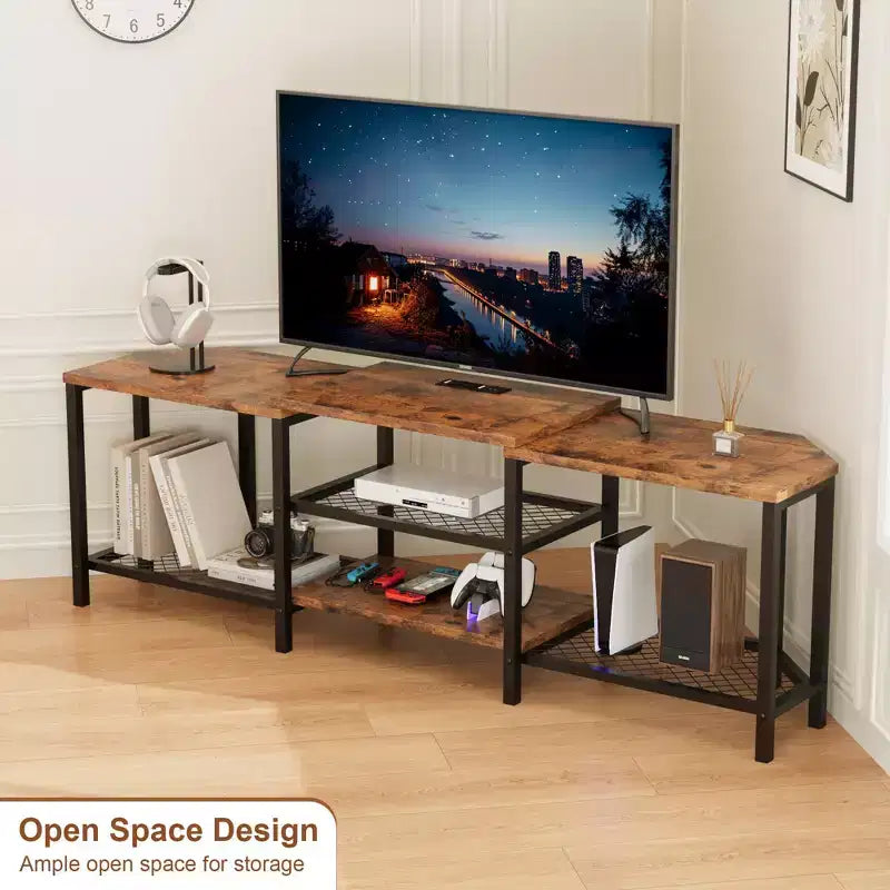TV cabinet with four open shelving units, corner entertainment centre with power sockets, media cabinet with LED lighting for the living room