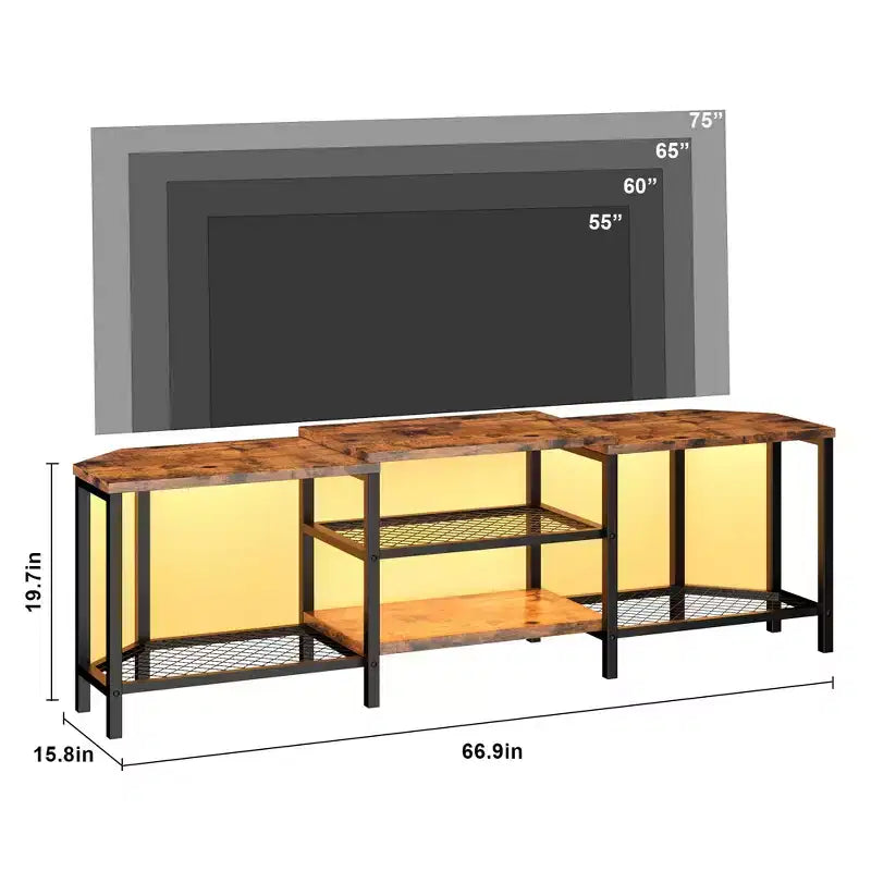 TV cabinet with four open shelving units, corner entertainment centre with power sockets, media cabinet with LED lighting for the living room
