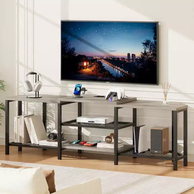 TV cabinet with four open shelving units, corner entertainment centre with power sockets, media cabinet with LED lighting for the living room