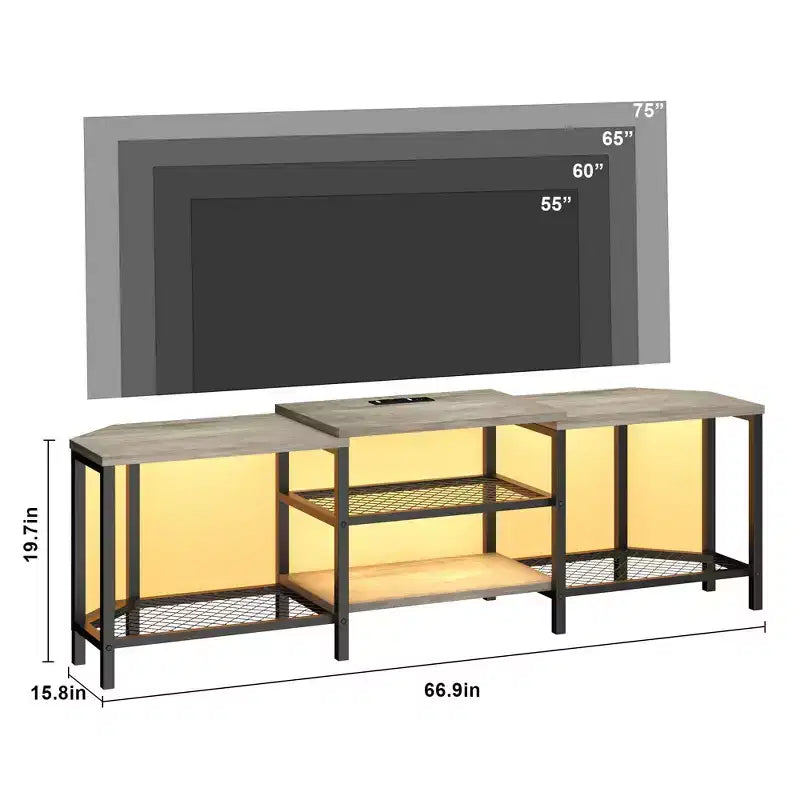 TV cabinet with four open shelving units, corner entertainment centre with power sockets, media cabinet with LED lighting for the living room