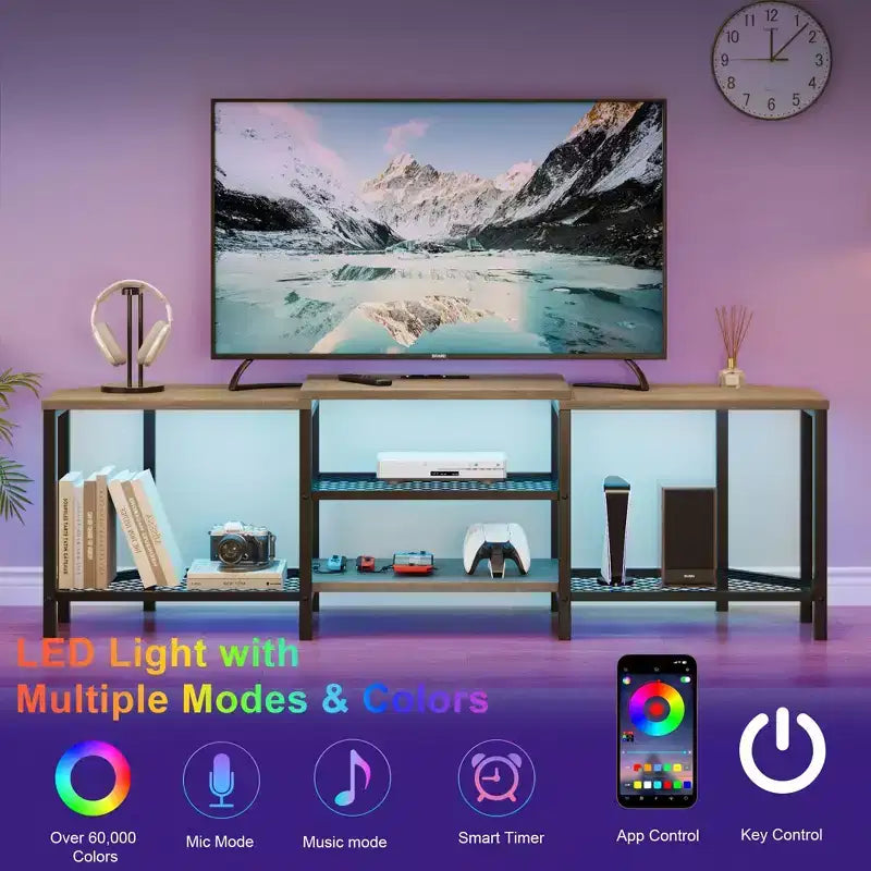TV cabinet with four open shelving units, corner entertainment centre with power sockets, media cabinet with LED lighting for the living room