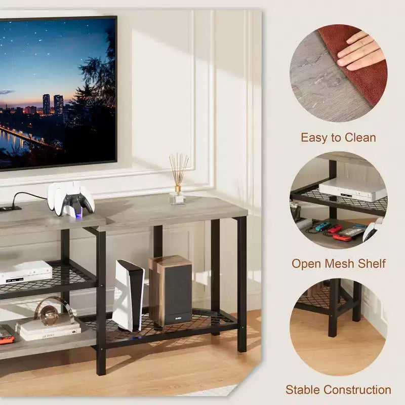 TV cabinet with four open shelving units, corner entertainment centre with power sockets, media cabinet with LED lighting for the living room