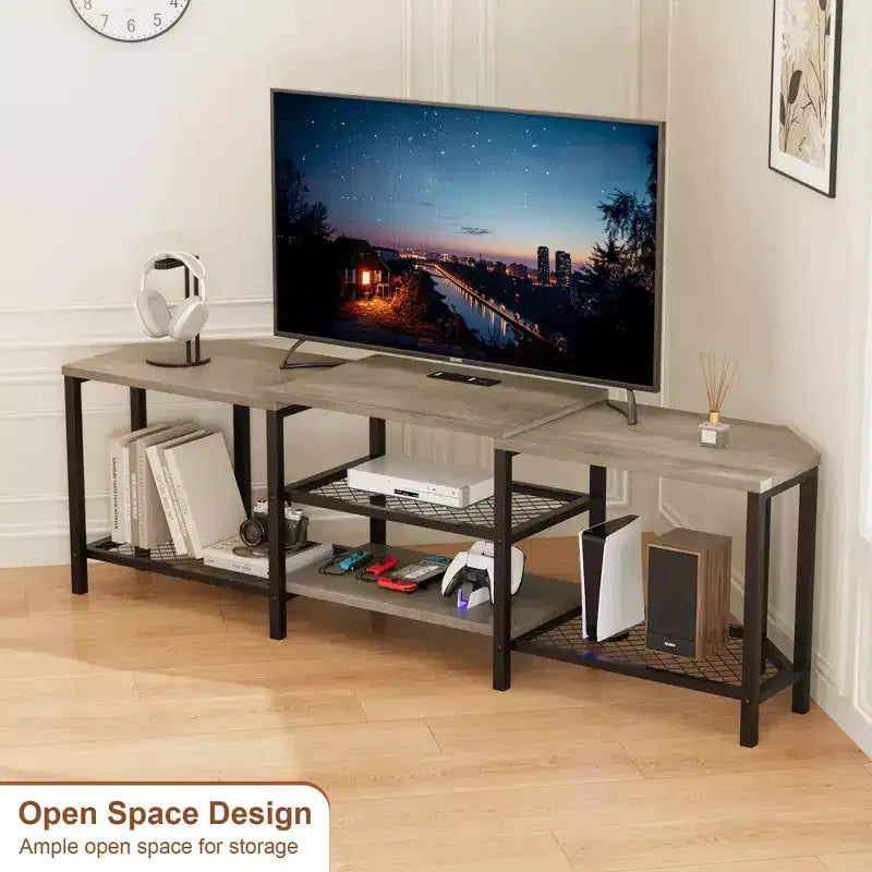 TV cabinet with four open shelving units, corner entertainment centre with power sockets, media cabinet with LED lighting for the living room