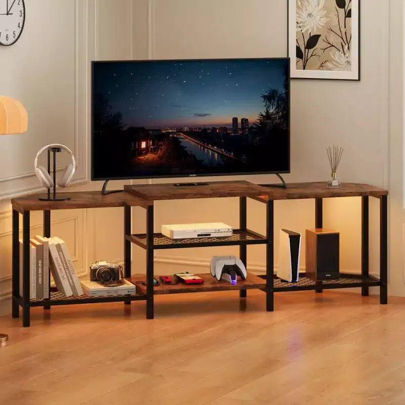 TV cabinet with four open shelving units, corner entertainment centre with power sockets, media cabinet with LED lighting for the living room
