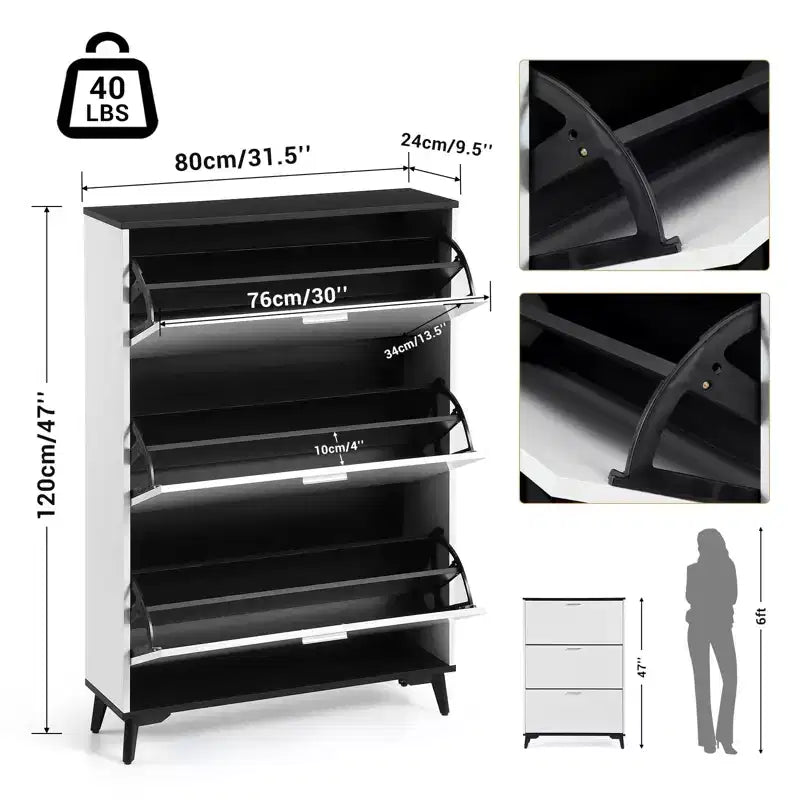 3 Flip Drawers Modern Shoe Storage Cabinet , Slim Wooden Shoe Organizer for Hallways, Closets, Apartments, Easy to Assemble