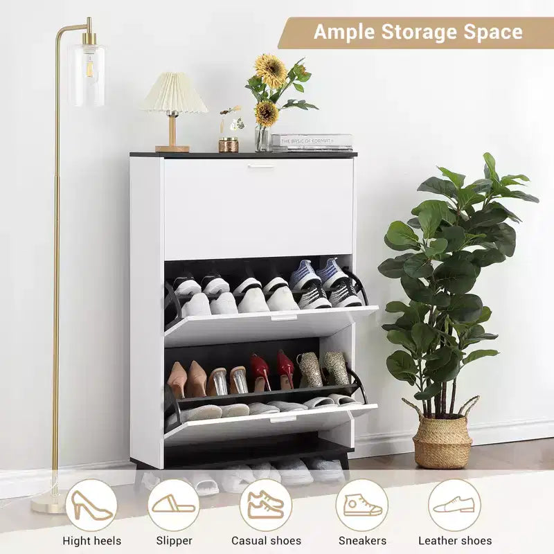 3 Flip Drawers Modern Shoe Storage Cabinet , Slim Wooden Shoe Organizer for Hallways, Closets, Apartments, Easy to Assemble