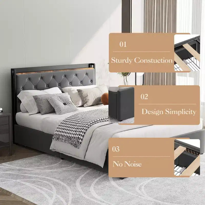 Platform Bed Frame with Headboard and 4 Storage Drawers, Heavy-Duty Metal Supports, No Box Spring Required, No Noise, Easy to Assemble
