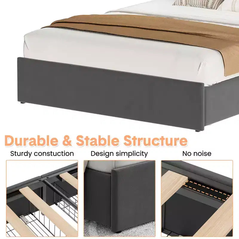 Platform Bed Frame with Headboard and 4 Storage Drawers, Heavy-Duty Metal Supports, No Box Spring Required, No Noise, Easy to Assemble