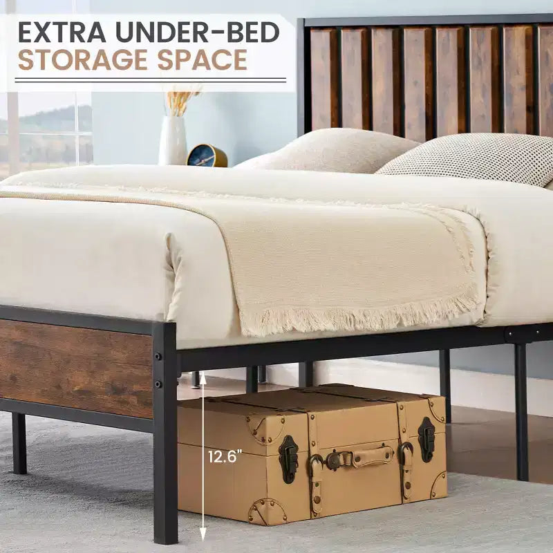 Metal Platform Bed Frame, Heavy-Duty Metal Frame with Headboard and Footboard, 12.6 of Under-Bed Storage, No Box Spring Required, Easy to Assemble