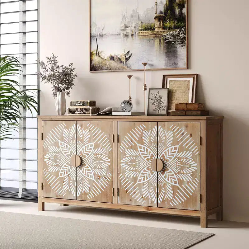 GDFStudio Andre Farmhouse Fir Wood 60.00'' Storage Console Cabinet with 4 Doors