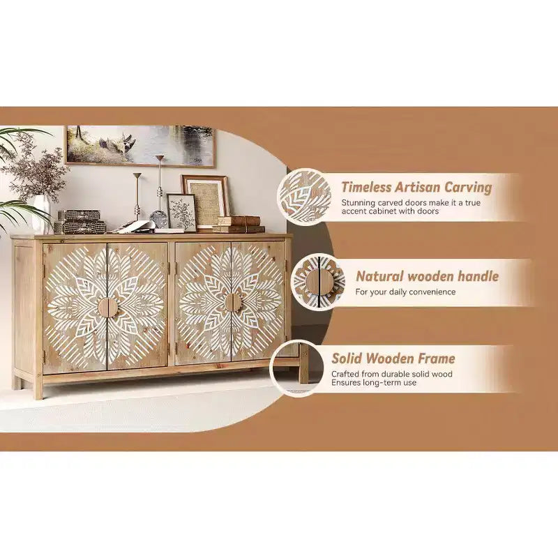 GDFStudio Andre Farmhouse Fir Wood 60.00'' Storage Console Cabinet with 4 Doors