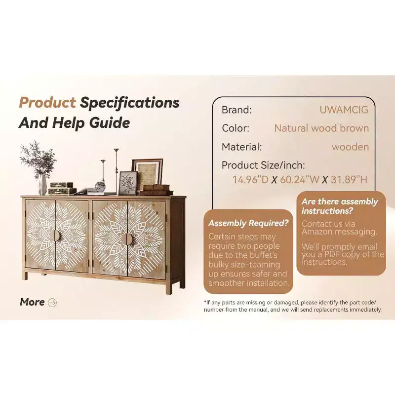 GDFStudio Andre Farmhouse Fir Wood 60.00'' Storage Console Cabinet with 4 Doors